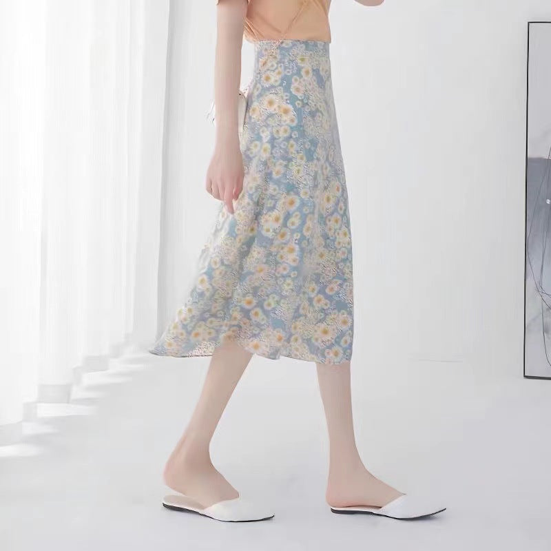 Floral Skirt High Waist Chiffon Printed Mid-length