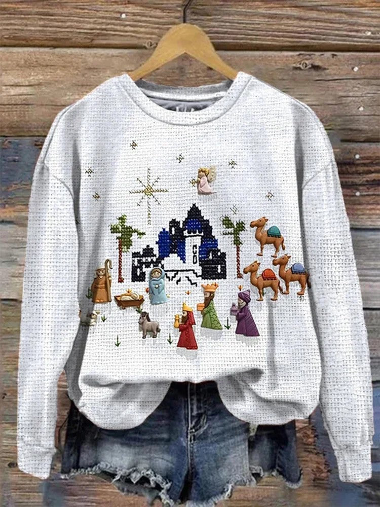 Halsudskæring, juleprint, sweatshirt til damer