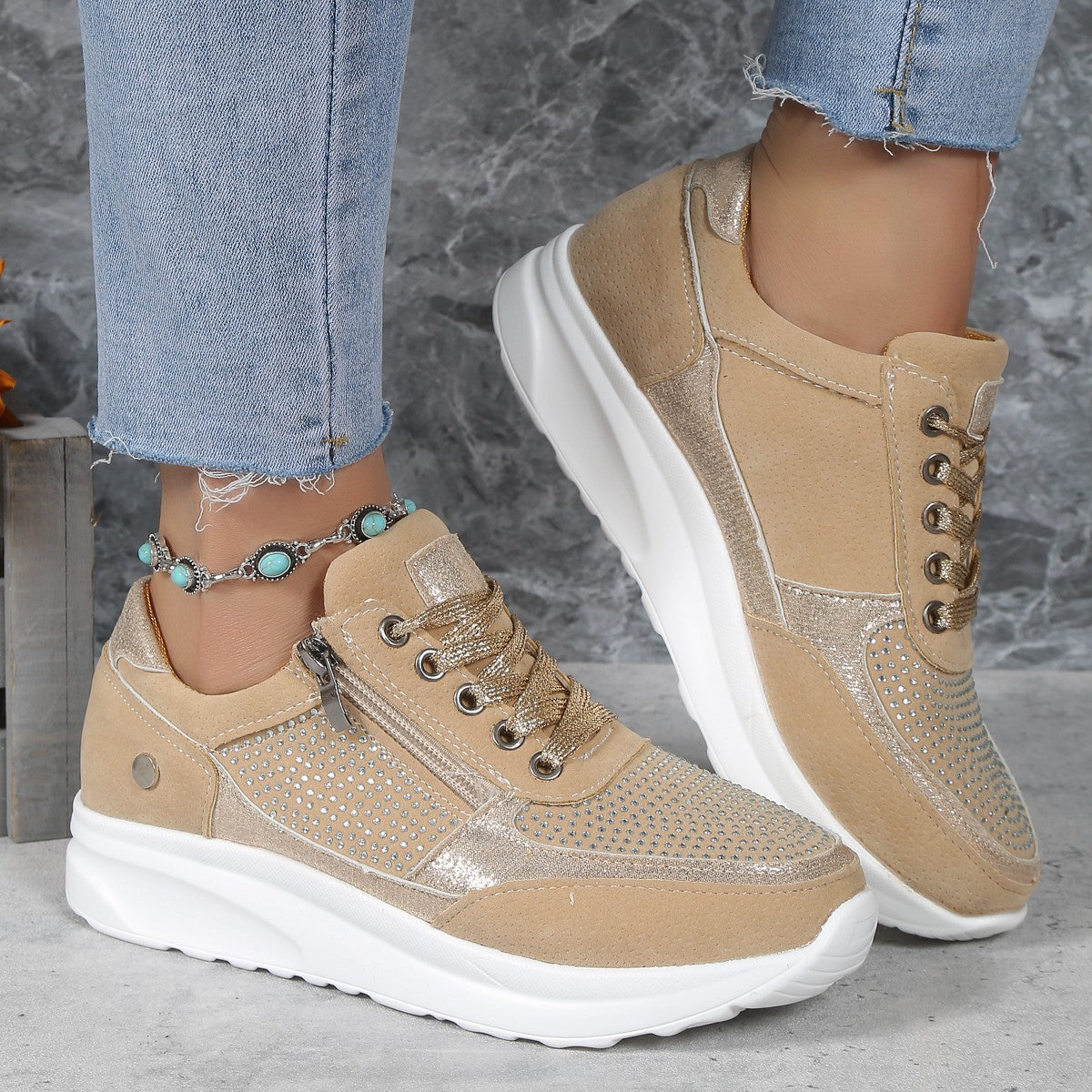 Flat Round Toe Rhinestone Pumps Women's Sports Casual Shoes