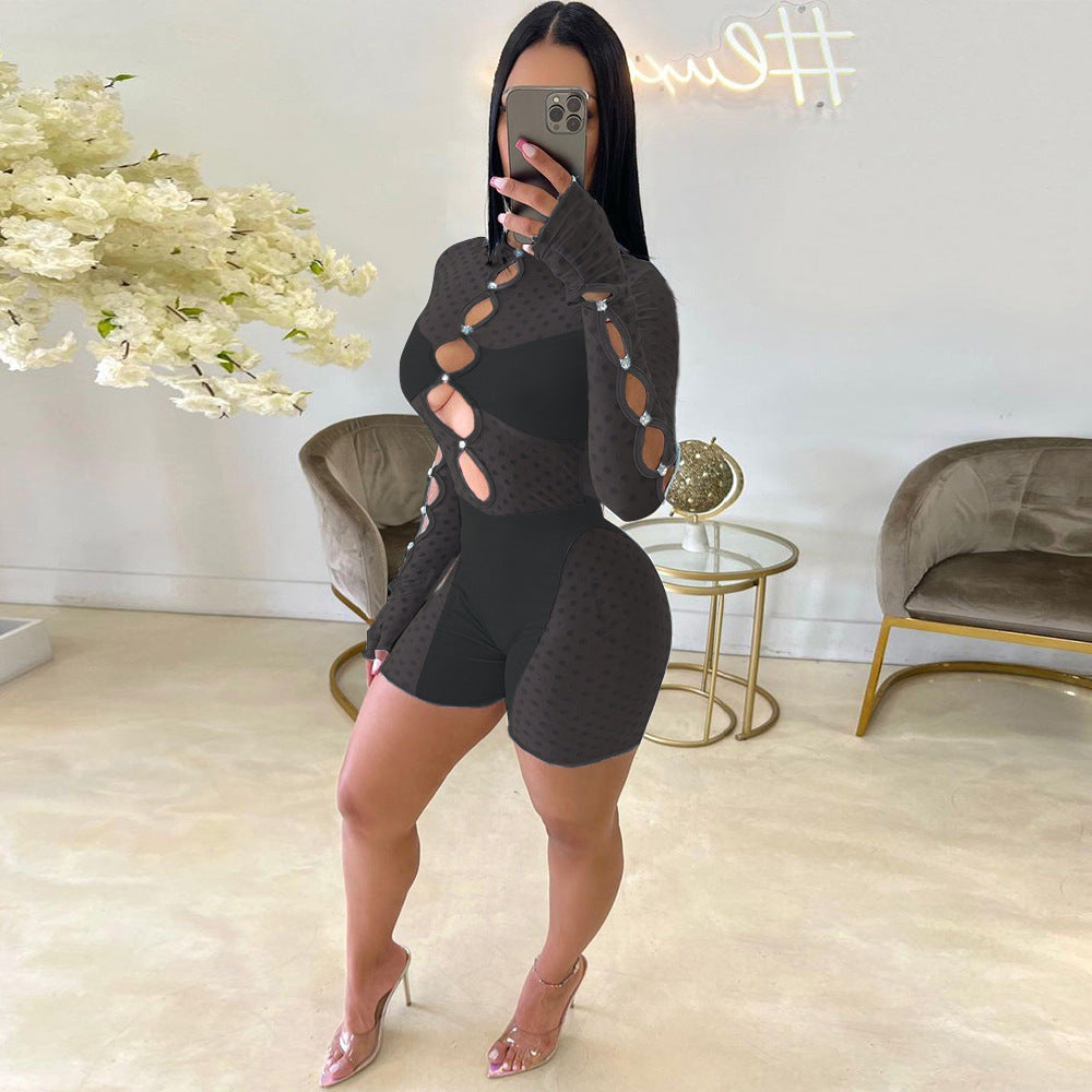 Spring And Summer New Patchwork Sheer Cutout Women's Jumpsuit