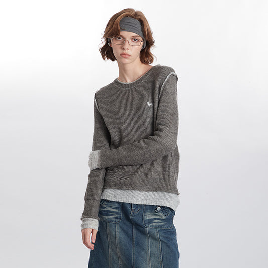 Pullover New Round Neck Stitching Design Knitted Sweater Long Sleeve
