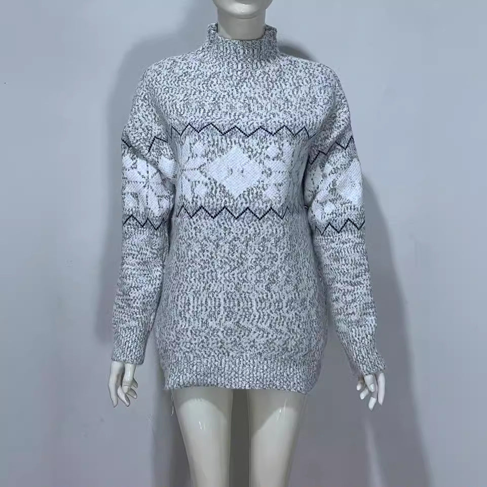 Embroidered Jacquard Pullover Loose Bottoming Shirt Mock Neck Sweater Coat