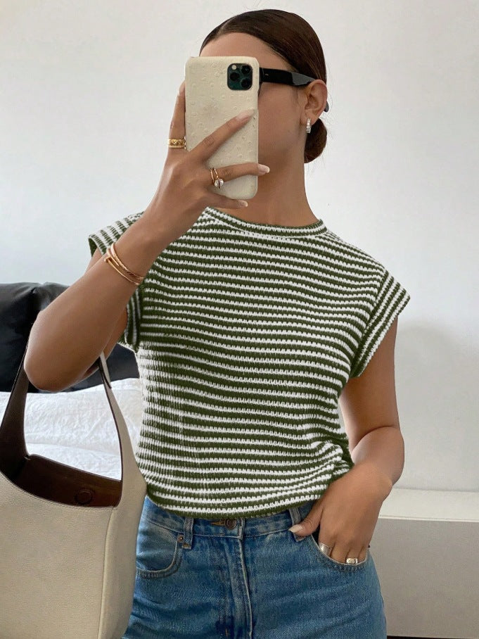 Womens New Summer Striped Crew-Neck Fashion Knit T-Shirt For Women