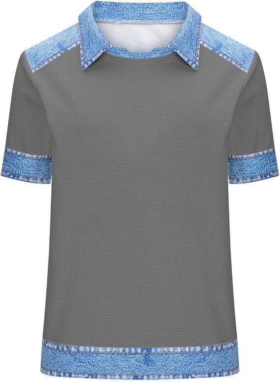 Denim Patchwork Crew Neck Short-sleeve Loose Casual Everyday Versatile