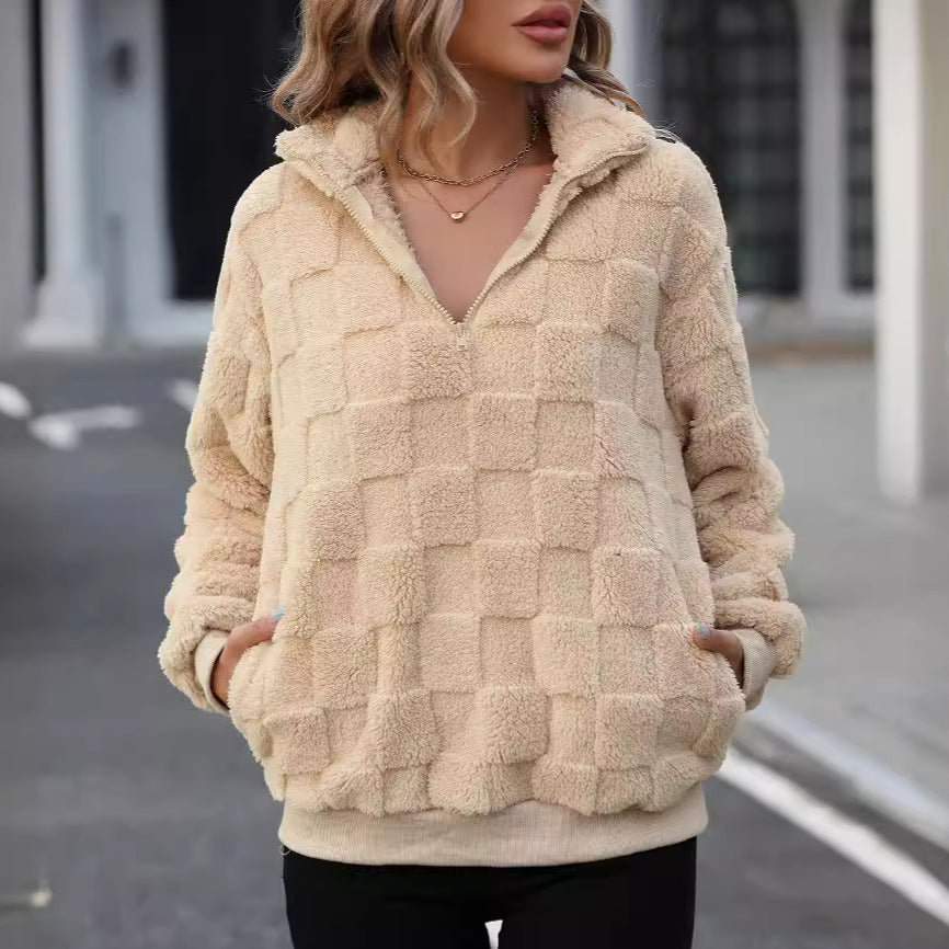 Women's Half Zipped Stand Collar Loose Plaid Plush Pullover Sweater