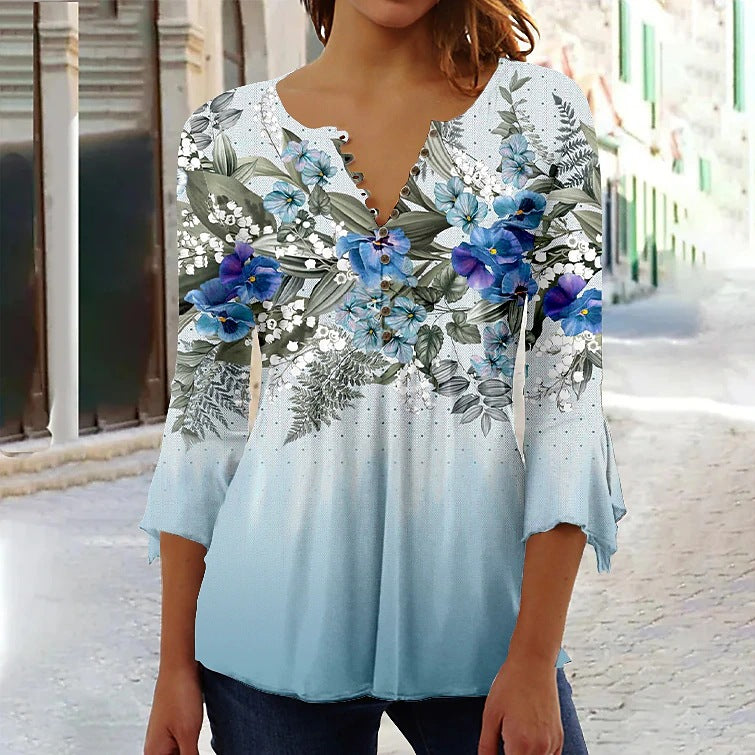 Bluse til kvinder med blomstret print, 3/4 ærmer, V-hals og knapper