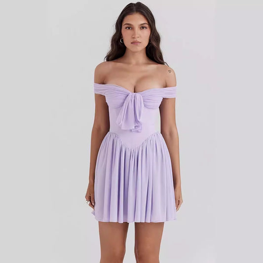 Womens French-style Purple Off-shoulder Slip Dress With A Boat Neckline