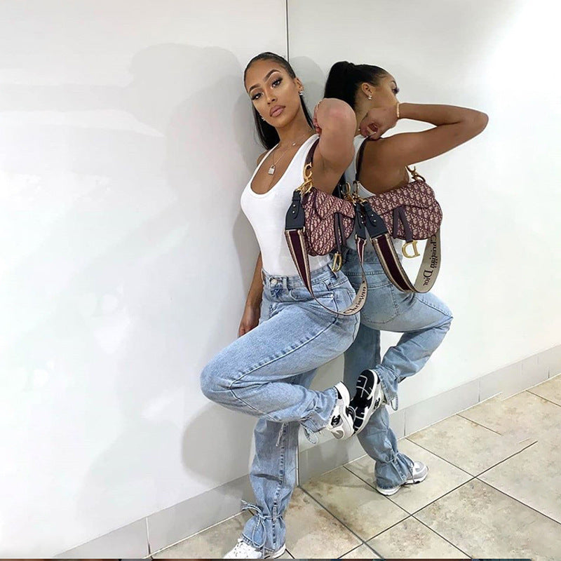 Women's New High-Waisted Skinny Jeans With Lace-Up Legs