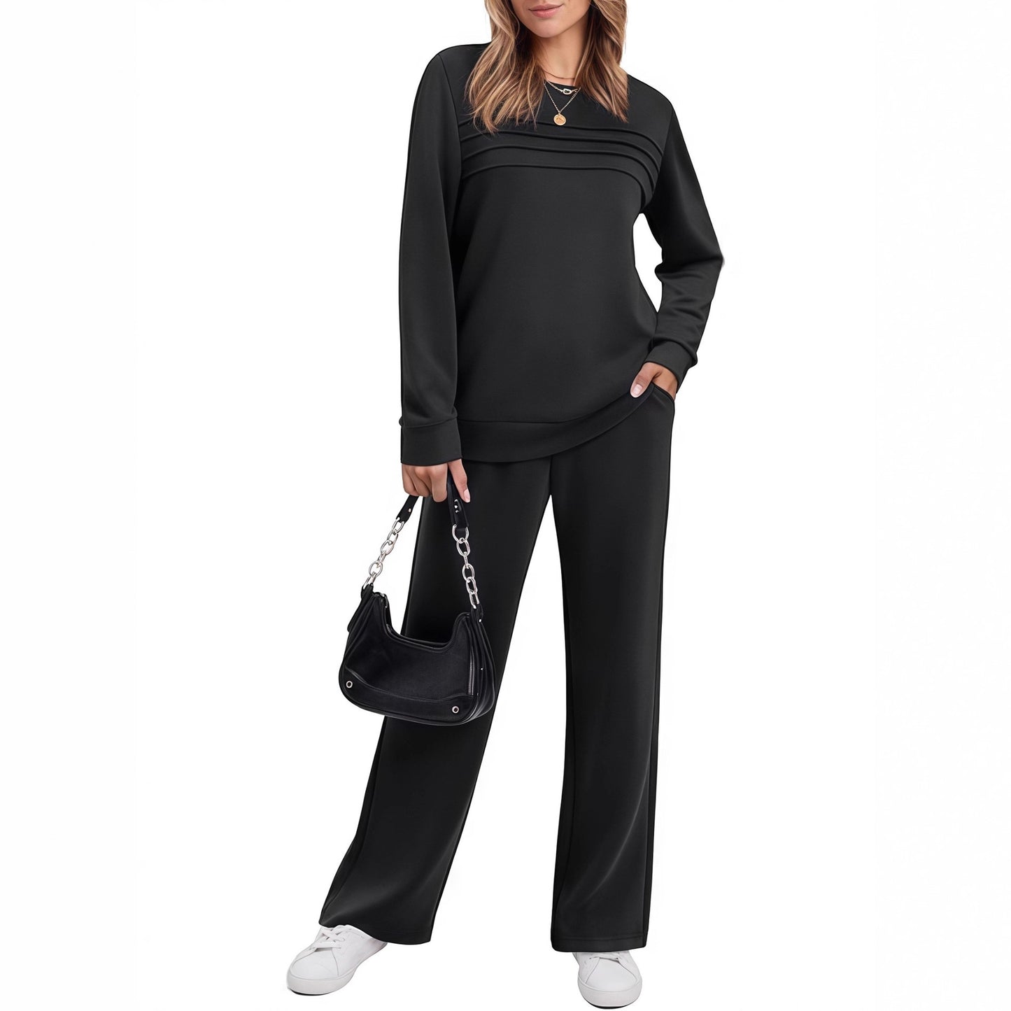 Casual Long Sleeve Drawstring Solid Color Commute Trousers Fashion Suit Women
