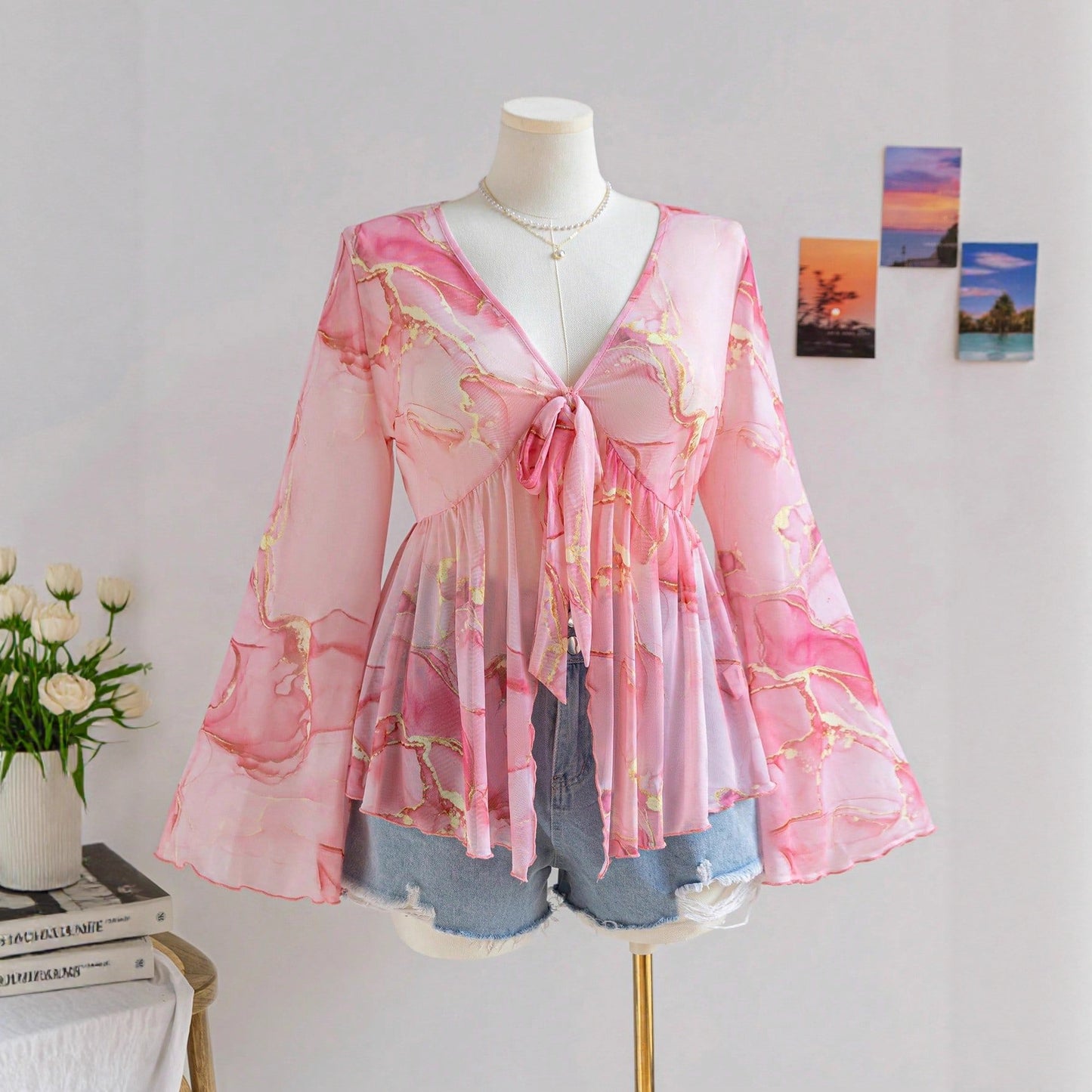 V-hals Mesh Print Ferie Stil Top til Kvinder