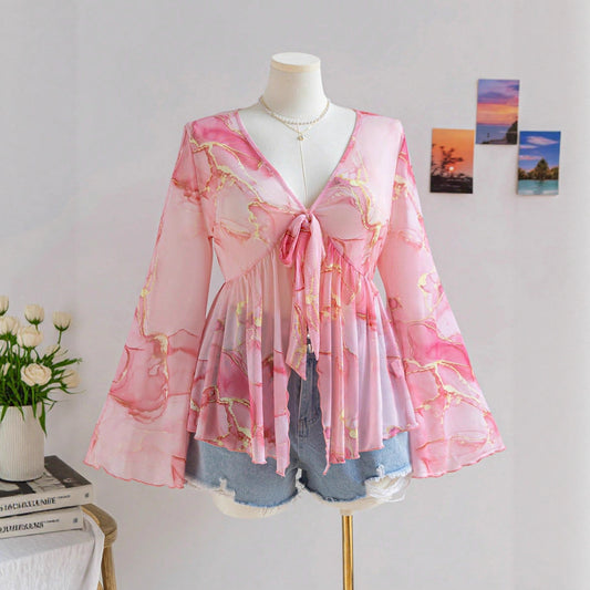 V-hals Mesh Print Ferie Stil Top til Kvinder