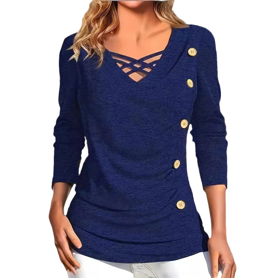 Fashionable Elegant Solid Color Knitted V-neck Long Sleeve Fake Button Plus Size Top