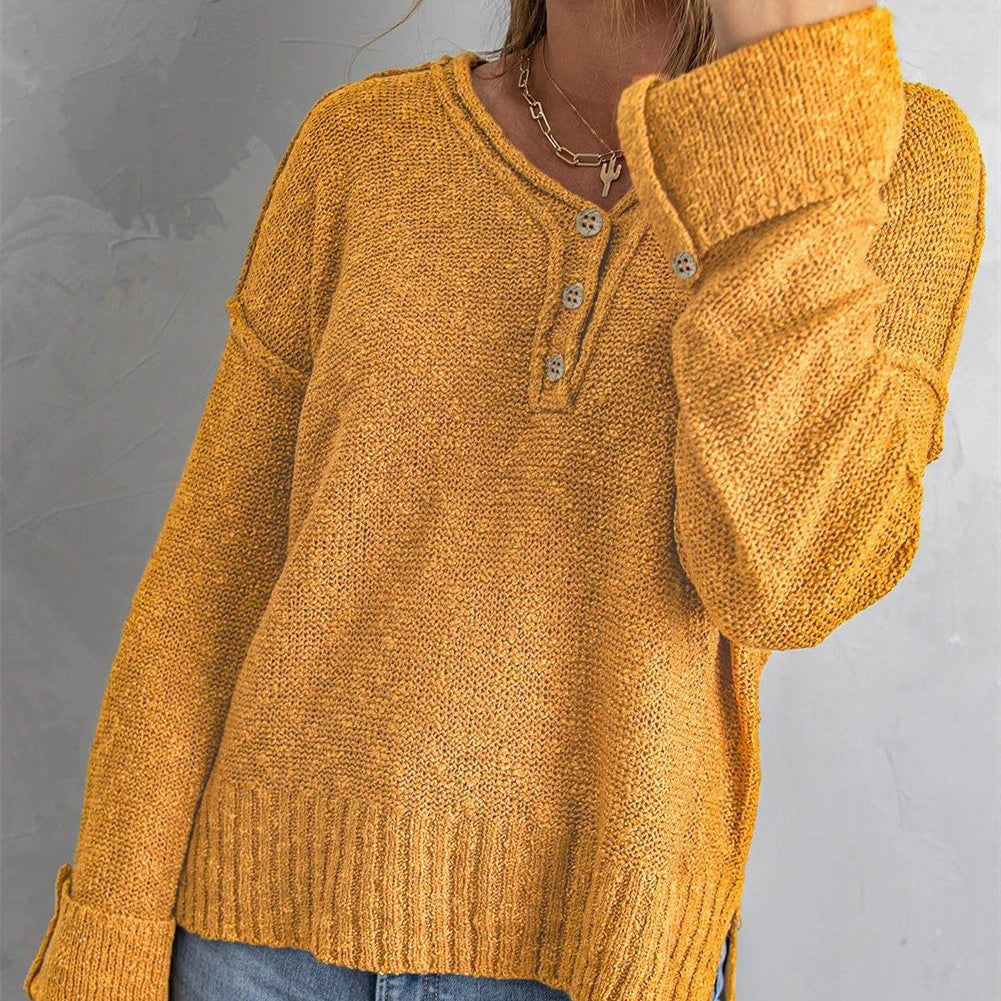 Kvinders nye løse strikkede skuldersweater med knapper