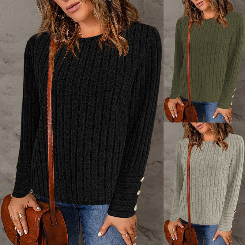 Pullover Round Neck Fashion Long Sleeve Button Top