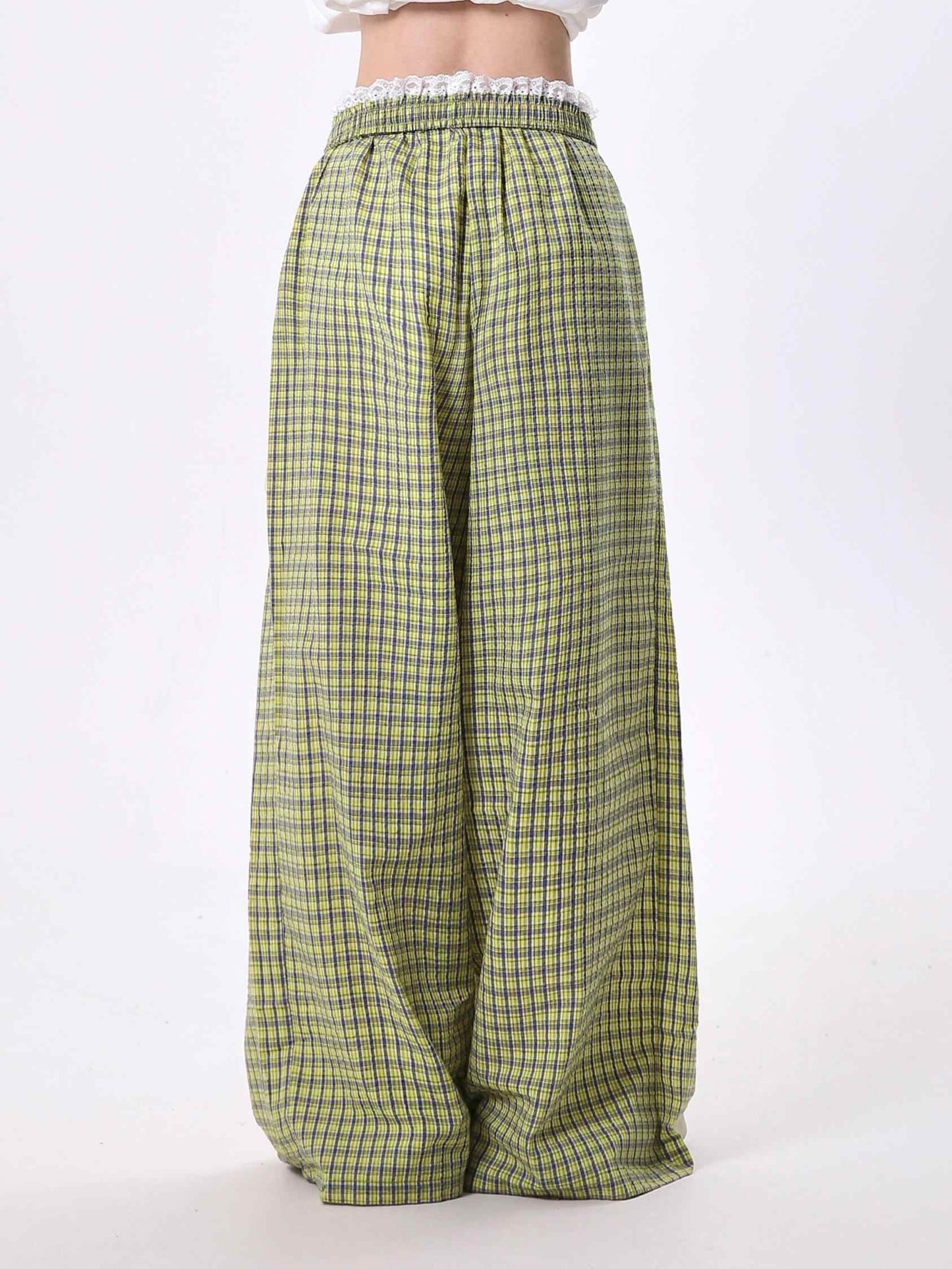 Casual Pants Women's Lace Stitching Plaid Loose-fitting Wide Leg Pants