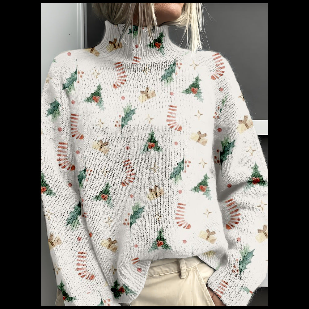 3D Color Matching Printed Turtleneck Long-sleeved Sweater