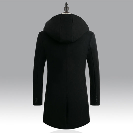 Men's Mid-Length Woolen Coat Padded Hooded Trench Coat