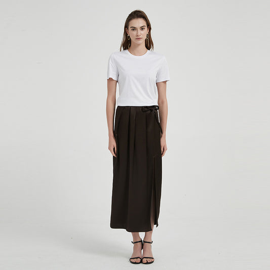 Satin Triacetate Light Draping Rope Floating Pleated Slit Skirt Summer Women's High Waist
