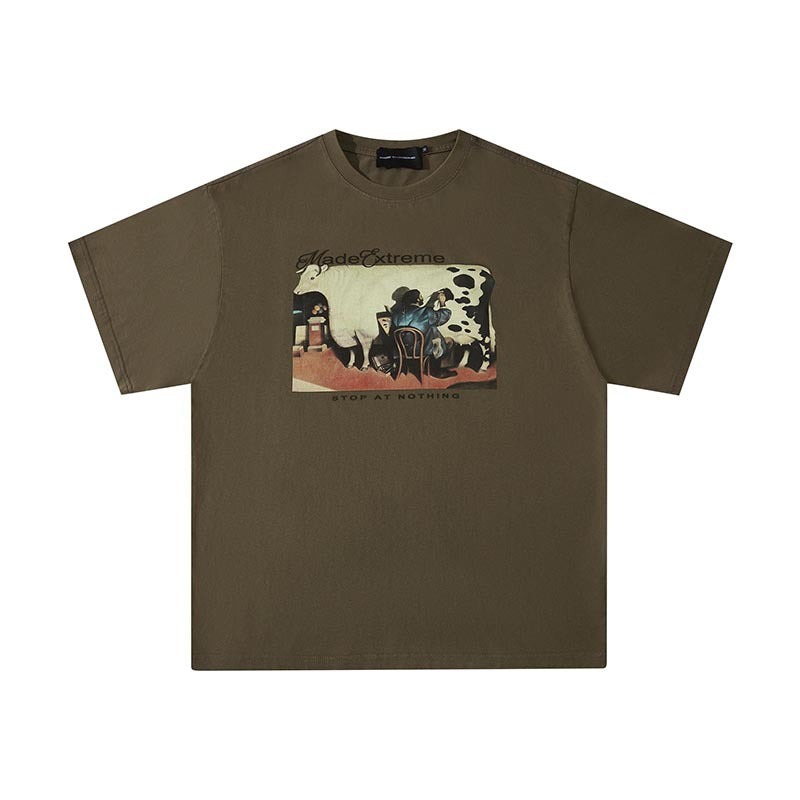 American Retro Distressed Painting Cow Short Sleeve
