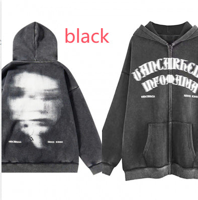 American Style Oversize Vintage Distressed Printed Letter Zipper Hooded Sweater