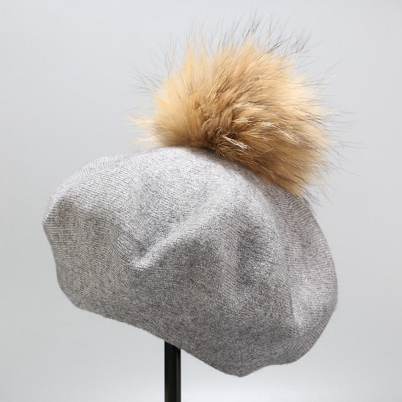 Ins Hat New Real Hair Ball Beret Women