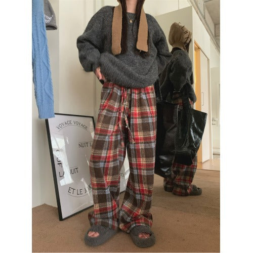 Womens Retro Plaid Padded Casual Straight-Leg Pants
