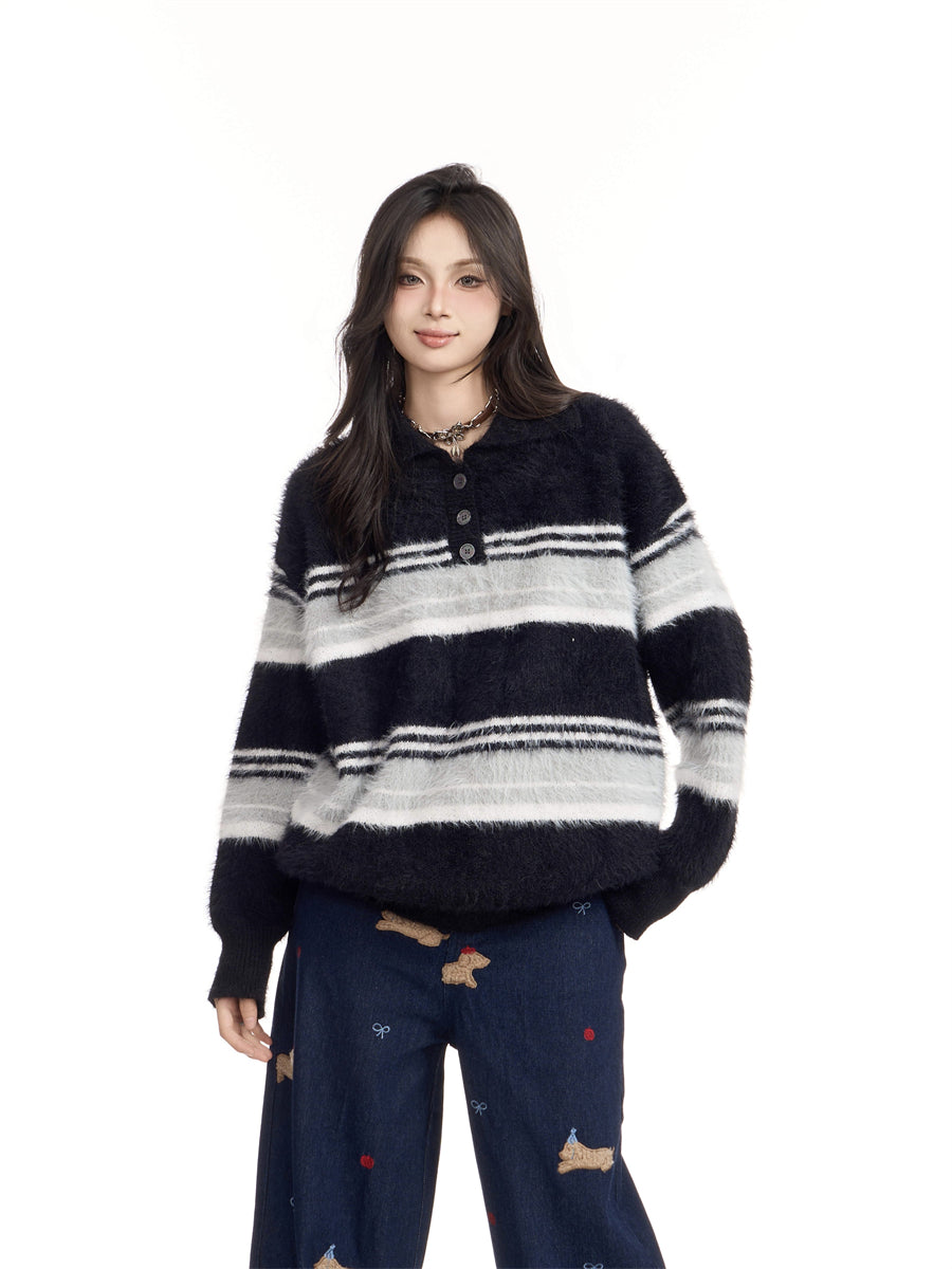 American-style Vintage Stripe Lapel Half Zipper Sweater