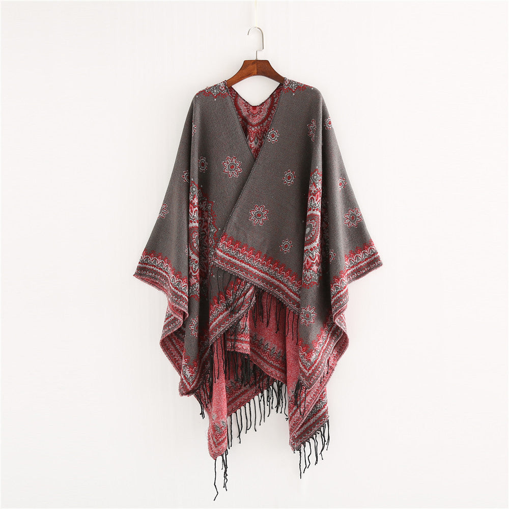 Geometric double-sided printed tassel split cloak