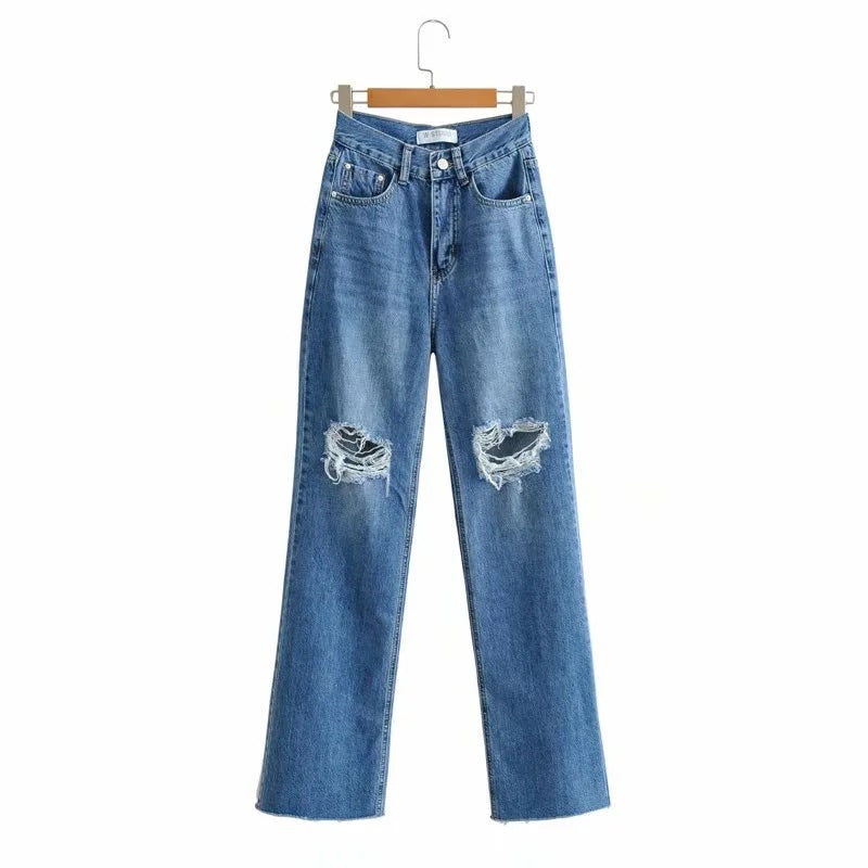 Knee Holes And Raw Edges High Waist Slim Slim Straight Trousers