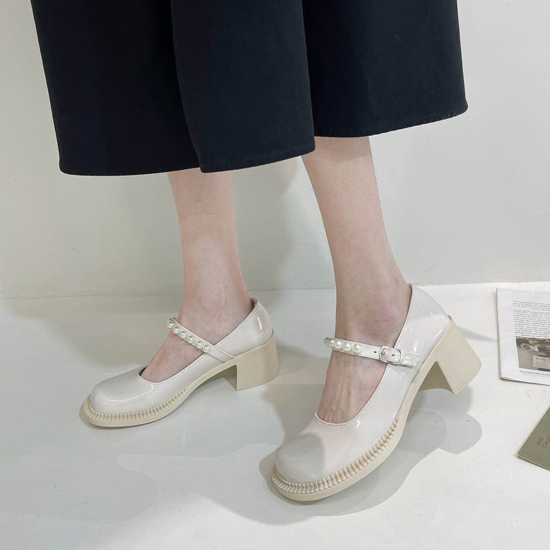 Pearl British Small Leather Shoes Female Summer Thin Section With Skirt Thick Heel Retro