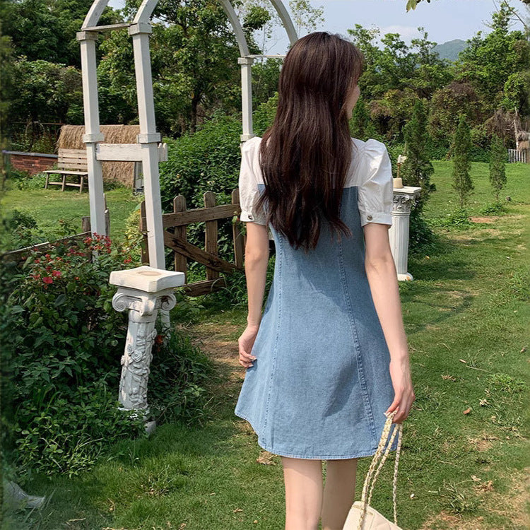 French-style High-waisted Faux Two-piece Denim Dress For Women