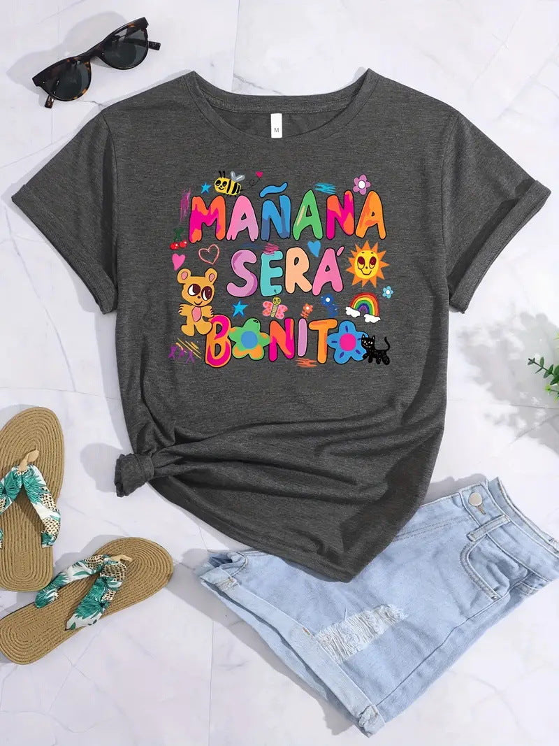 Round Neck Bear Letter Pattern Printed Short Sleeve