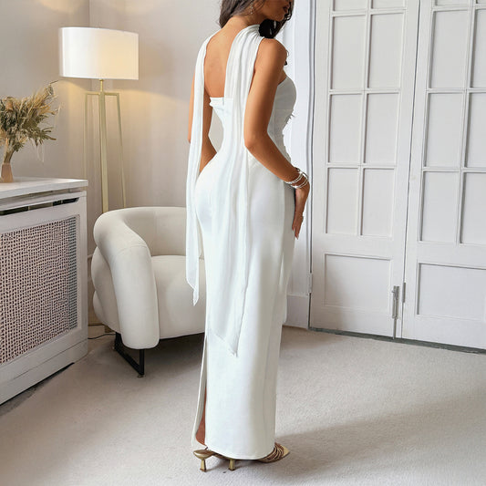 Elegant Lace-Up Solid Color Dress For Women