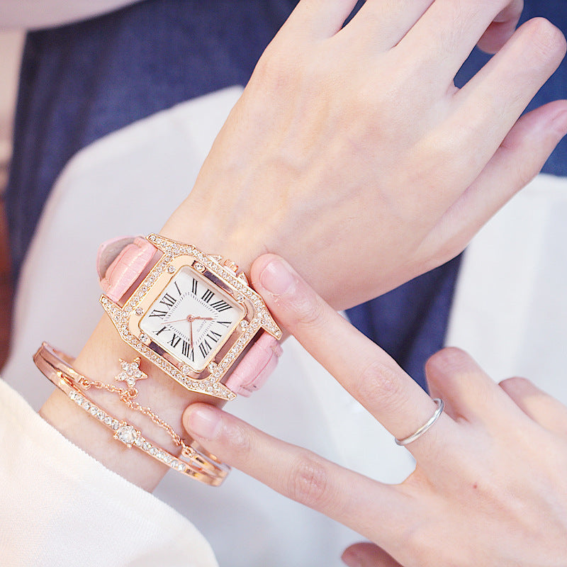Square Dial Belt Quartz Watch + Star Bracelet