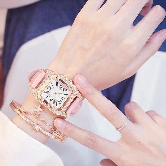 Square Dial Belt Quartz Watch + Star Bracelet