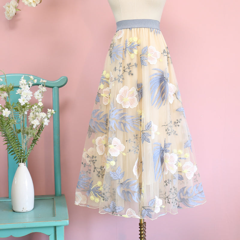 New Mesh Floral High Waisted Elastic Skirt