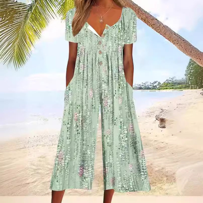 European And American Spring And Summer Hot-selling Printed Pocket Button Jumpsuit