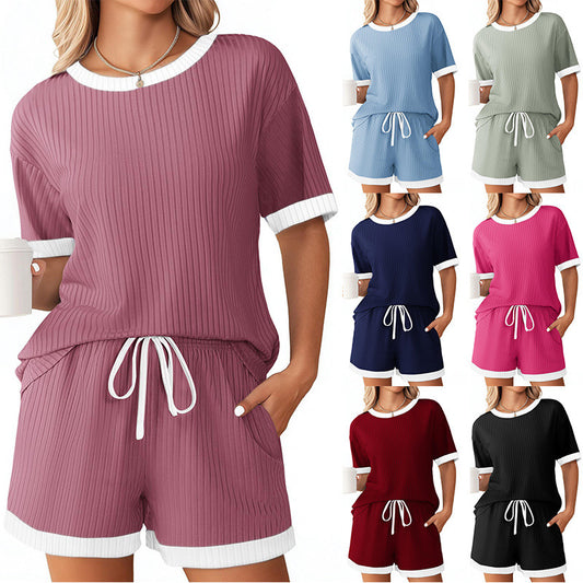 Solid-color Ribbed Patchwork Color-block Pajama Short-sleeve Loungewear Set