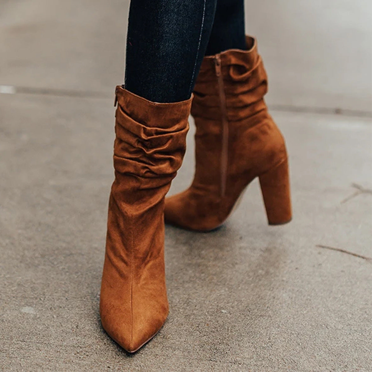Side Zip High Block Heel Plus Size Short Boots