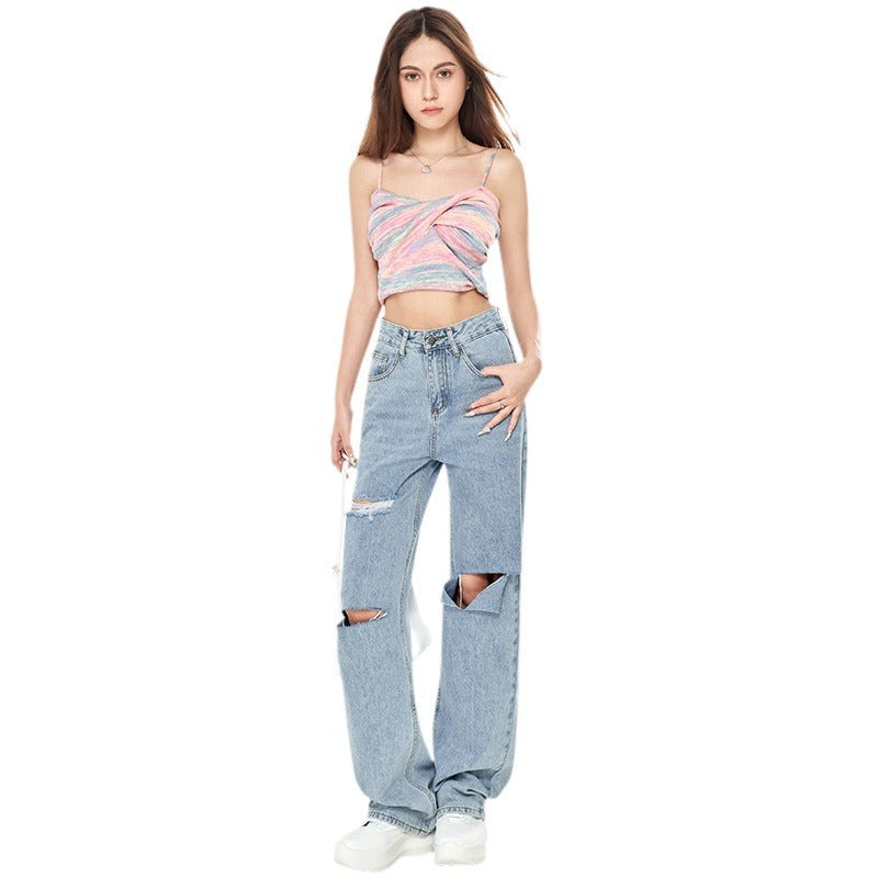 Damejeans med høj talje, lyseblå, ripped, vide ben