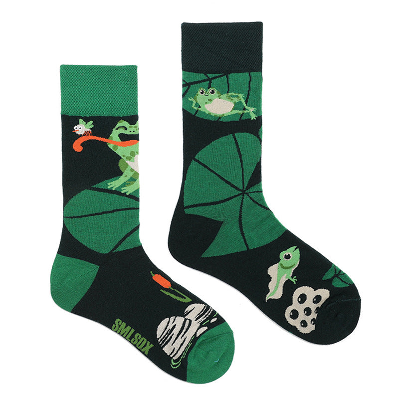 Asymmetrical Color Retro Personality Male And Female Couple Mid-length Cotton Socks