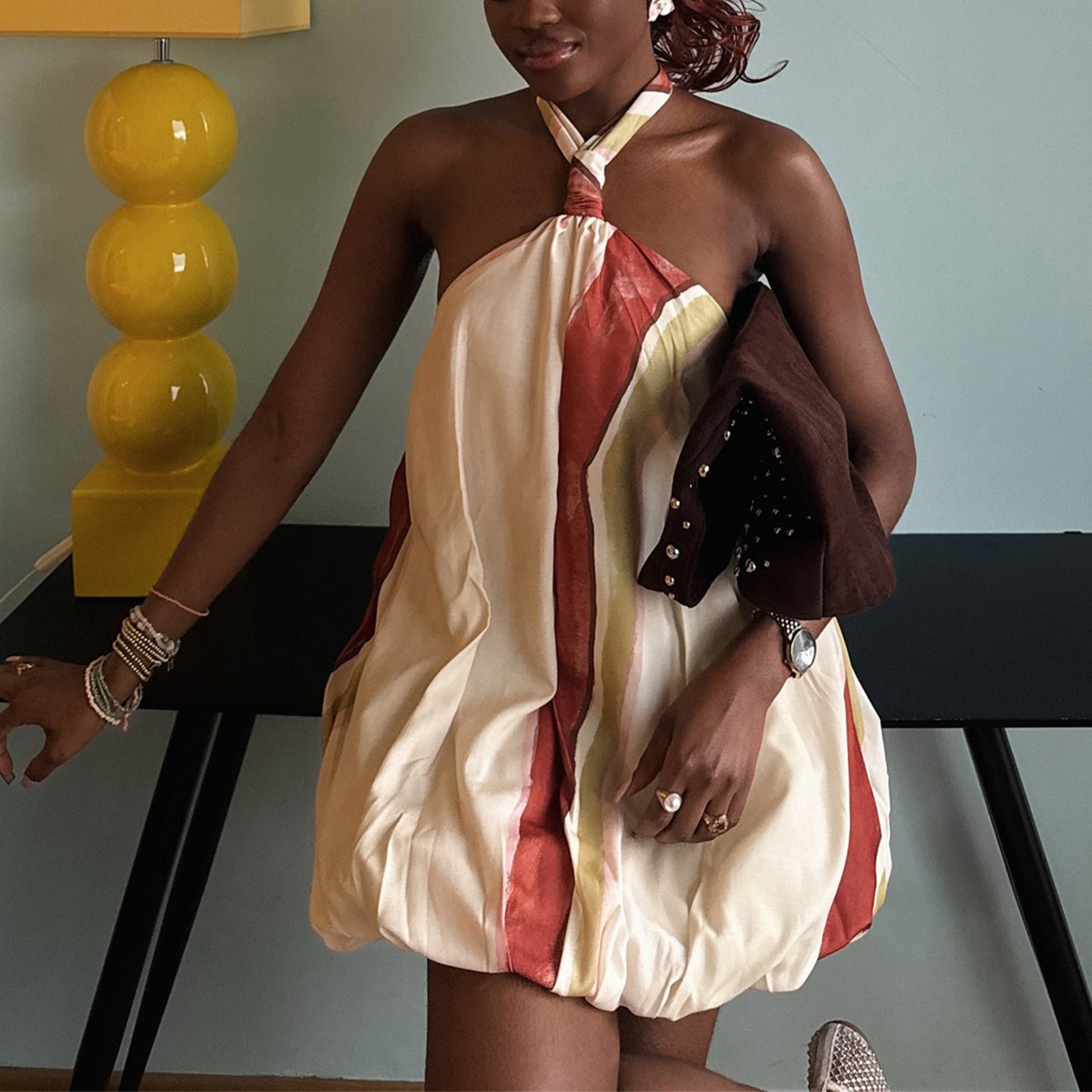 Neck-hanging Backless Color-block Dress