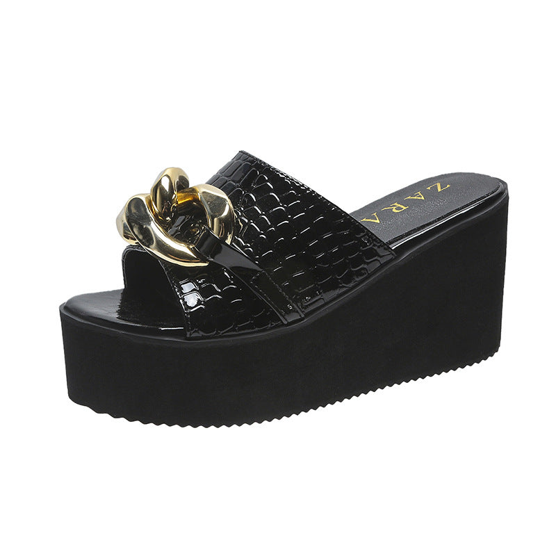 Women's Platform Platform Sandals And Slippers With Wedge Heel And Golden Chain