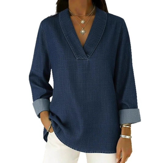 Three-quarter-sleeve Vintage Polo-collar Long-sleeve Shirt