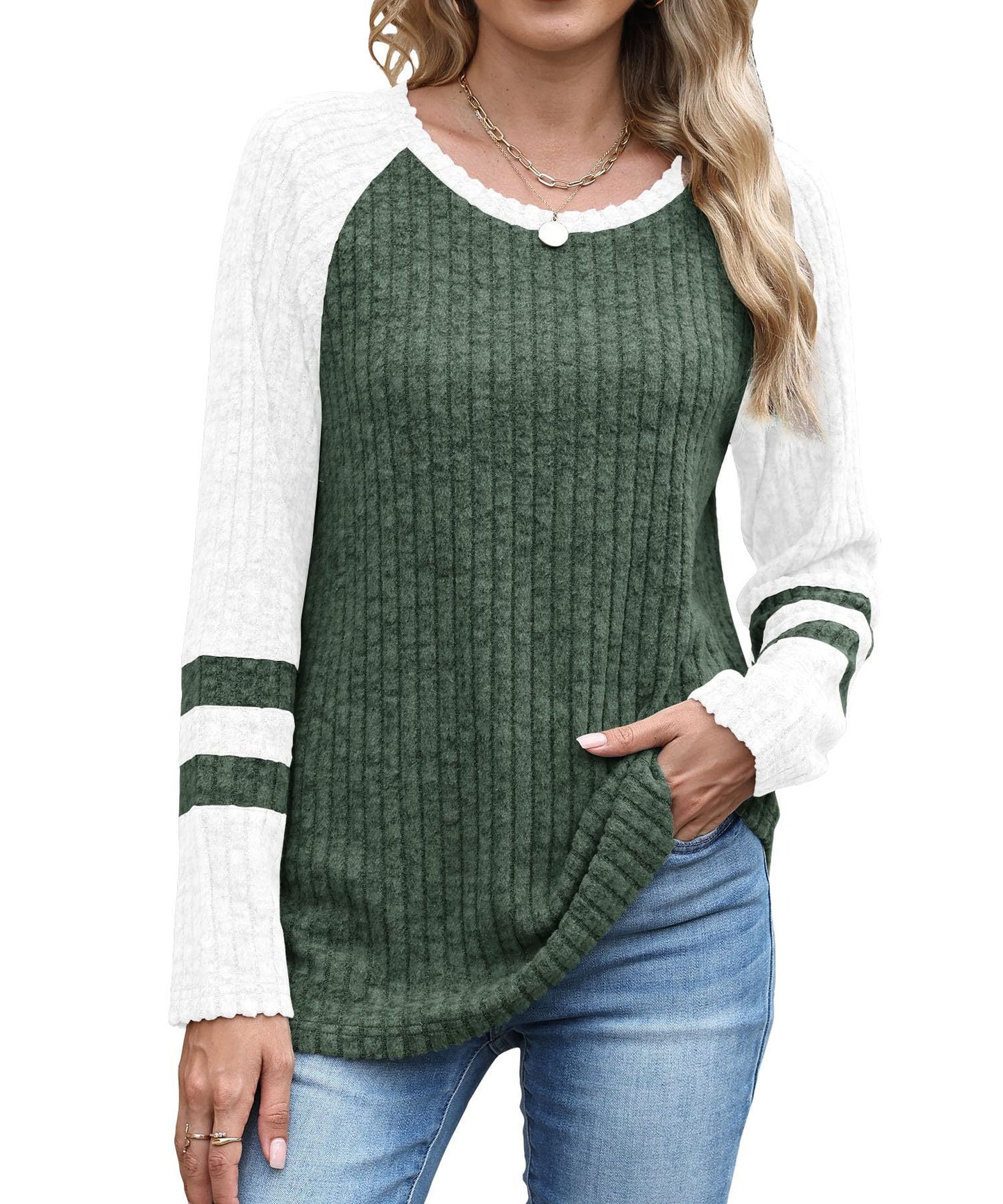 Europæisk og amerikansk mode langærmet sweater med kontrastfarve rund hals top
