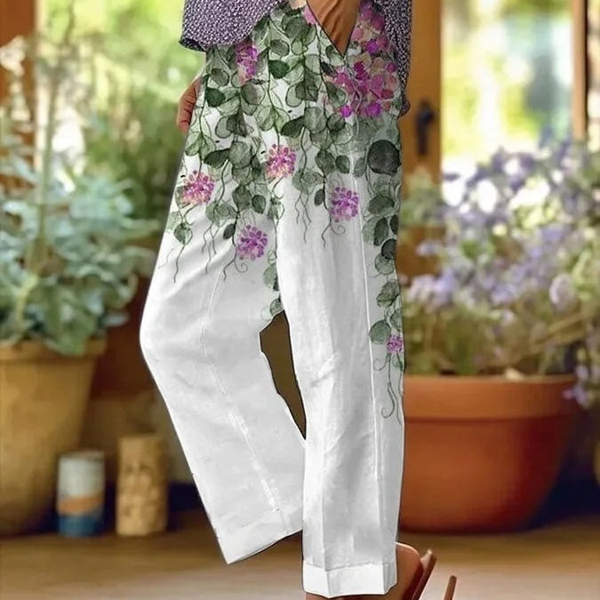 Digital Flower Printing Rag-eared Casual Pants