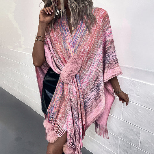 Contrast Color Wool Ball Tassel Knitted Shawl Coat For Women