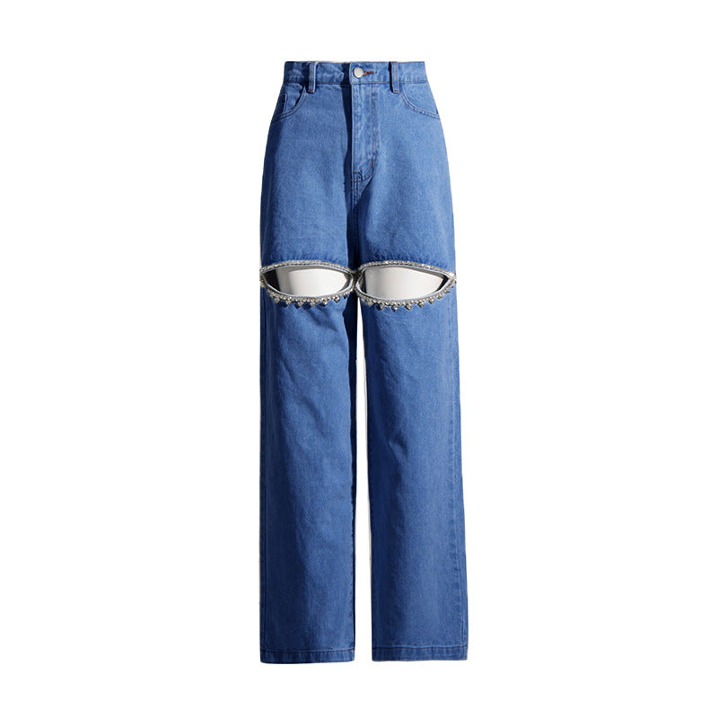 Women's Fashionable Diamond Beaded Wide-leg Jeans