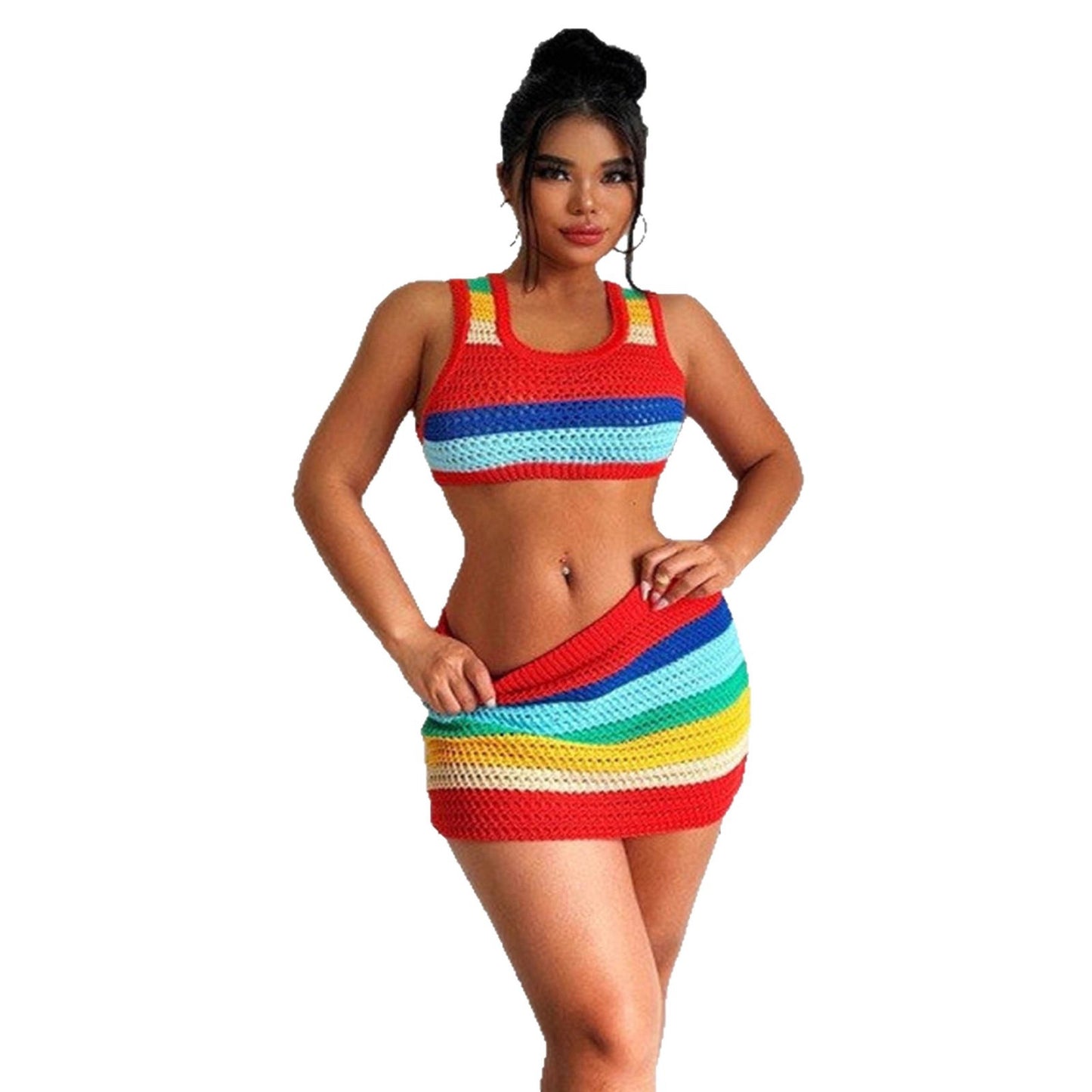 Striped Knit Bodycon Midriff-Baring High-Waist Sheath Skirt And Top Set