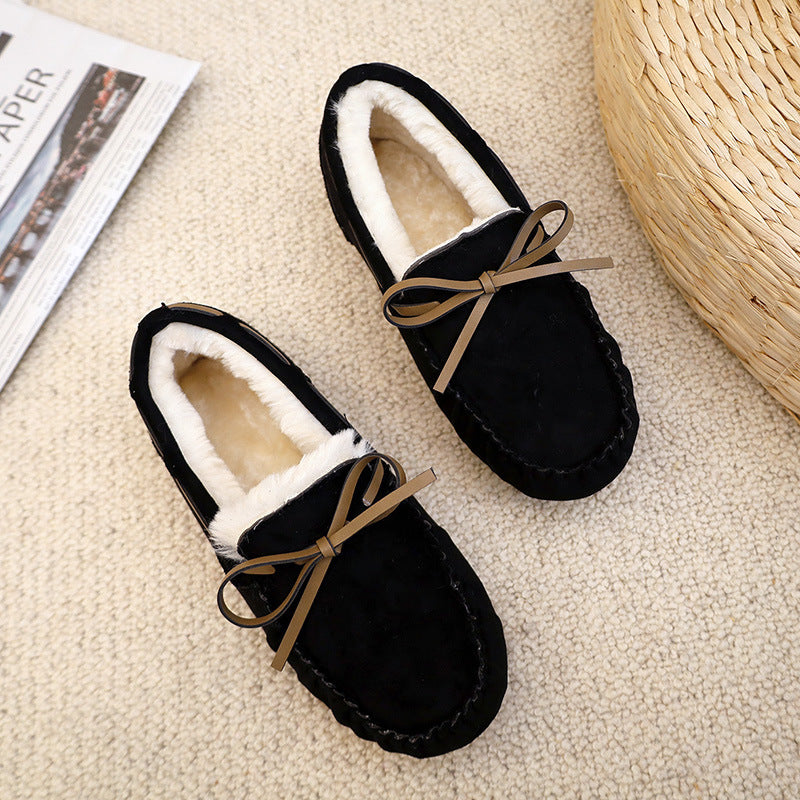Soft-soled Lambs Wool Shoes Women's Round Toe Warm Large Size Bow